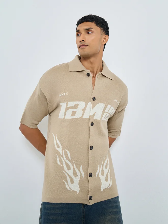 ستايلي Men Beige Printed Boxy Fit Knitted Shirt